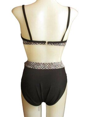 True Vintage 7/8 Bikini Set Tropical Black White Geometric Padded Underwire 80's